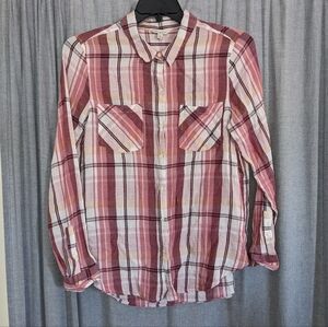 Lucky Brand Top Womens L Pink Plaid Button Up Casual Western Long Sleeve Cowgirl